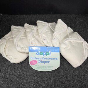 (6) Dappi PINLESS Contoured CLOTH Diaper 100% Cotton Natural Reusable Washable S